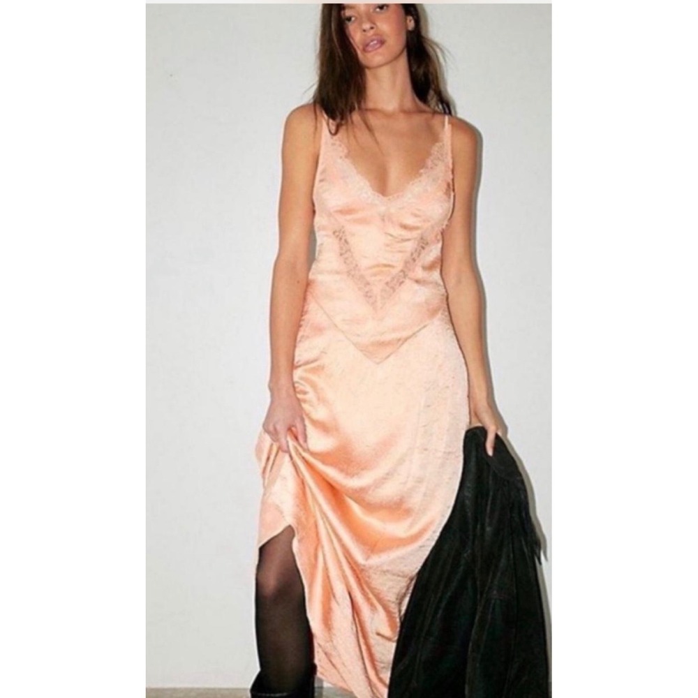 Free People Maybe Forever Lace Trim Crinkle Satin Maxi Slip Dress 4 NEW